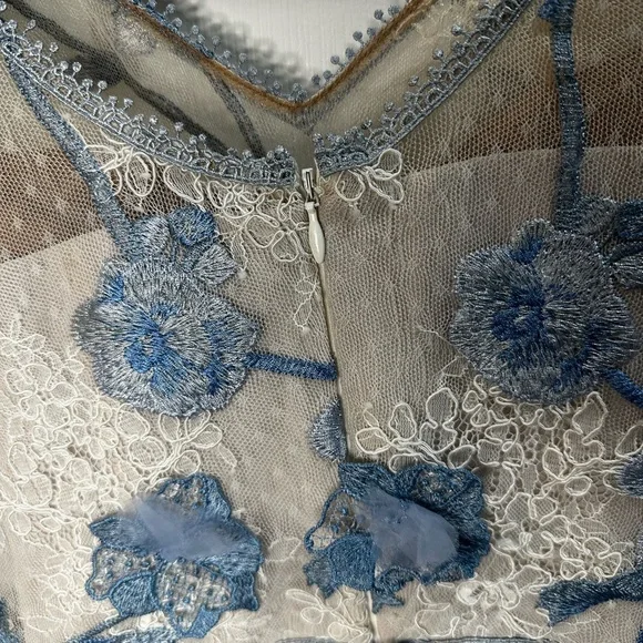 NWT Marchesa Notte Floral Cap Sleeve Corded Lace Cocktail Dress Ivory Blue 0